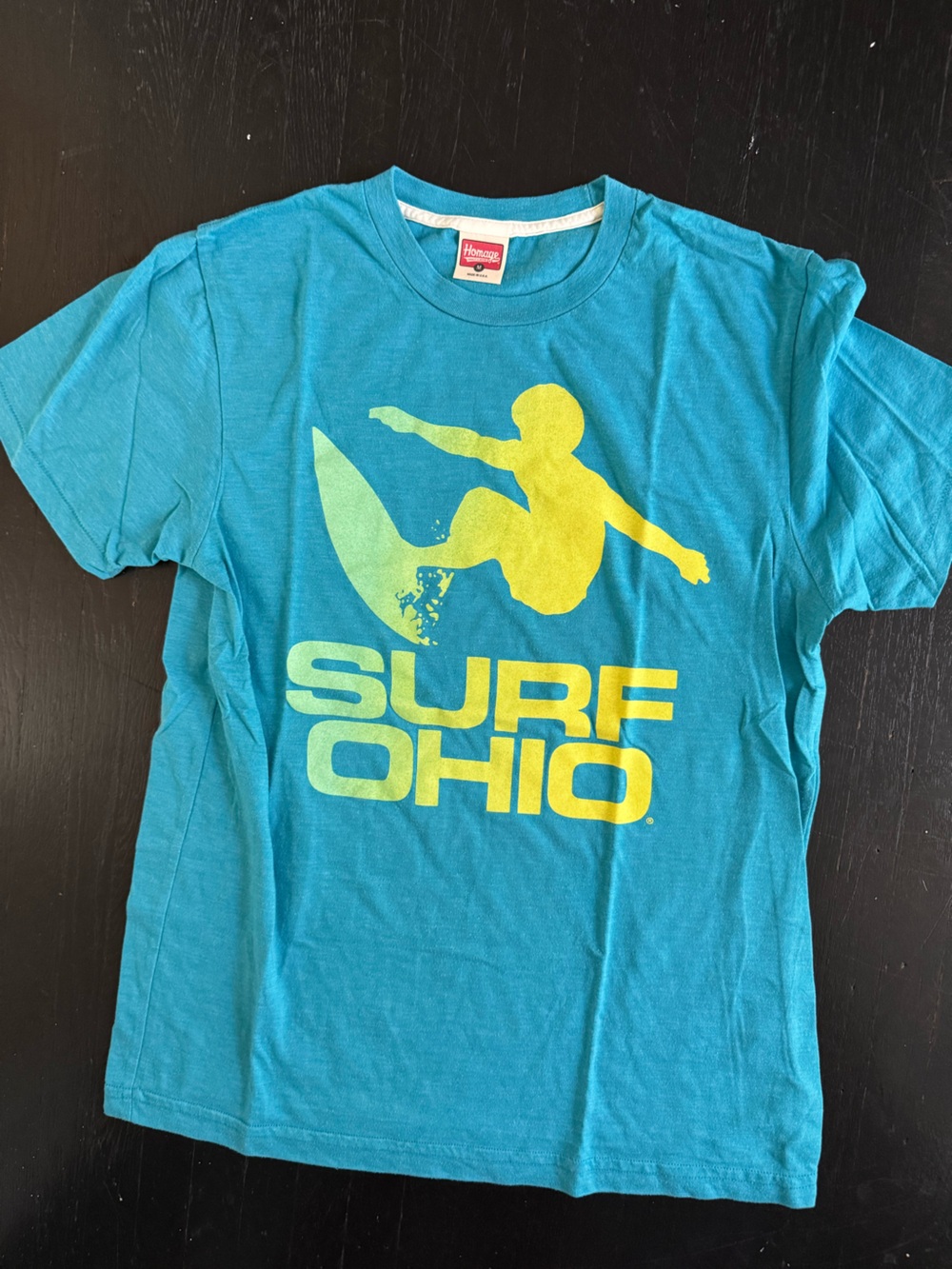 Homage Surf Ohio Teal Graphic Tee with Yellow Surf Graphic